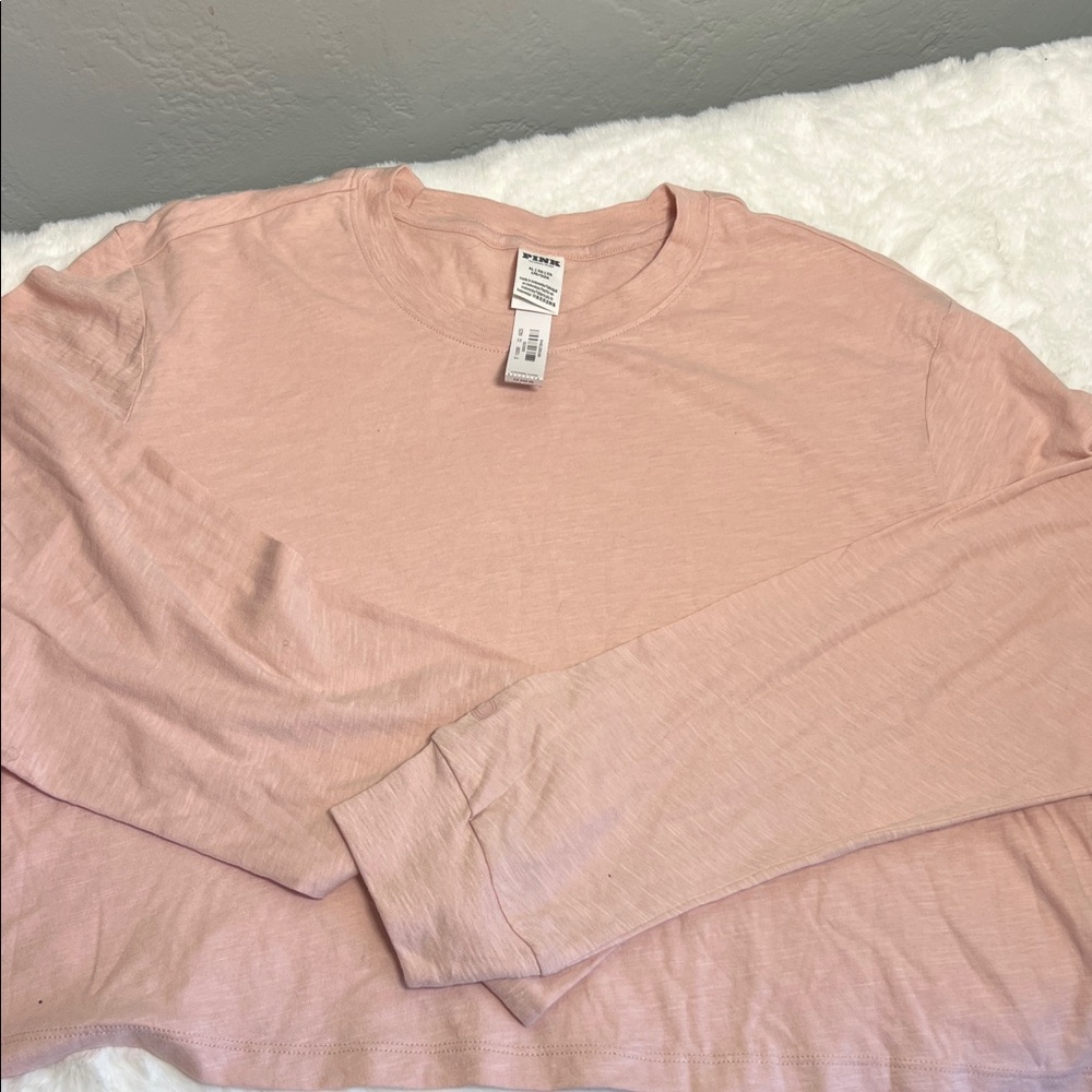 Victoria Secret PINK  Womens Long Sleeve Crew Neck Shirt - Pale Pink - palm tree